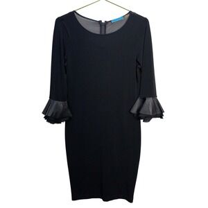 Alice Olivia Black Sheer Lamb Leather Detail Cuffs Silk Ruffle Sleeve Dress Sz L